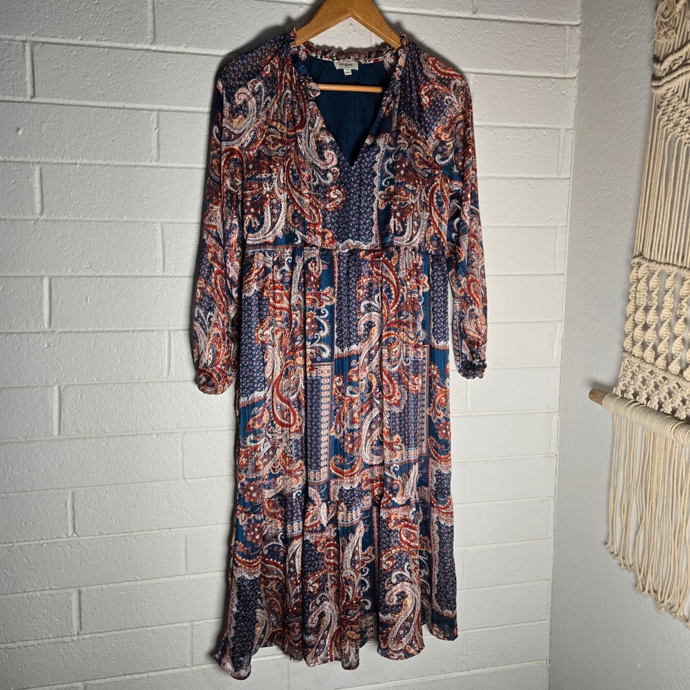 Umgee Womens Maxi Dress Paisley Metallic Tiered Boho Long Sleeve Boho Blue S